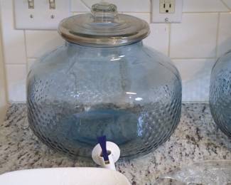 Blue Hammered Glass Beverage Dispenser with Lid and White Spigot