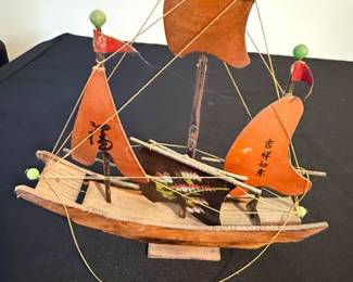 Vintage Chinese Junk Model Boat with Painted Dragon Motif