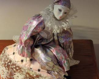 Porcelain Harlequin or Pierrot Clown Doll with Music Box
