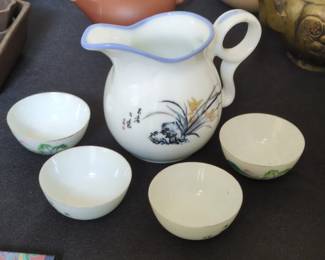 Vintage Japanese Porcelain Tea Set with Pitcher and Four Cups