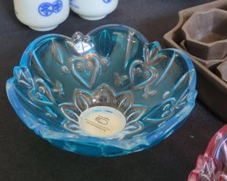 Blue Glass Heart and Floral Motif Compote Dish