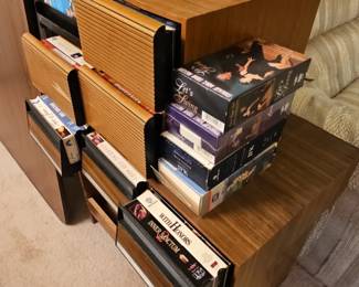 MidCentury Modern Teak Media Storage Unit with Assorted VHS Tapes