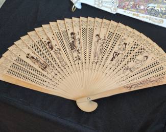 Carved Sandalwood Fan with Figures