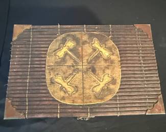 Vintage Bamboo and Wood Decorative Box with Dragonfly Motif second image