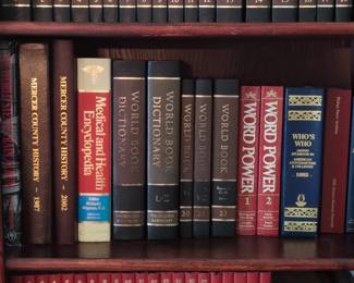 Collection of Reference Books including World Book, Word Power, Medical Encyclopedia, Mercer County History, Whos Who, and Phillips Exeter Academy Directory