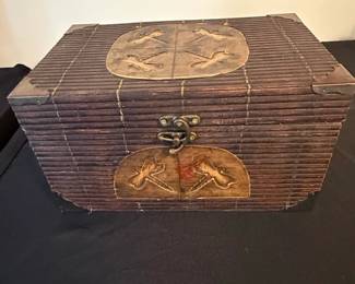 Vintage Bamboo and Wood Decorative Box with Dragonfly Motif