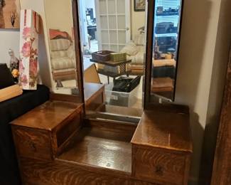 Antique Tiger Oak Vanity Dresser with TriFold Mirror