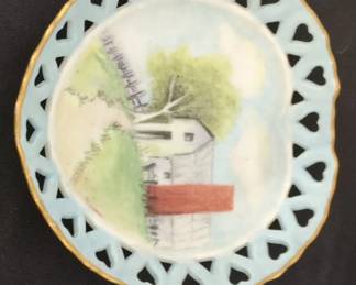 HandPainted Porcelain Lattice Plate with Barn Scene by J.B. Betsons