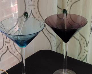 Set of Colored Martini Glasses with Glass Olive Stirrers