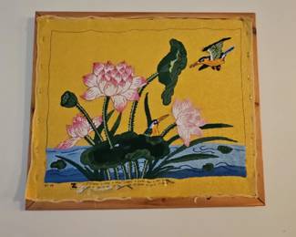 Embroidery Art of Lotus Flowers and Kingfisher