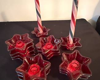 Set of Red Glass Star Tealight Holders with Striped Candles