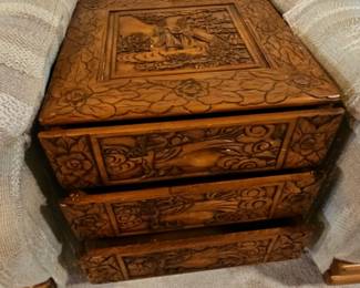 Antique Chinese Camphor Wood Carved Chest with Figural Scenes