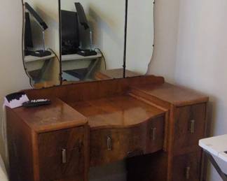 Art Deco Burr Walnut Waterfall Vanity with TriFold Mirror