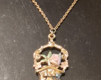 Jewelry GoldTone Simulated Pearl  Porcelain Rose Basket Necklace second image