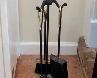 Black Metal and Brass Fireplace Tool Set