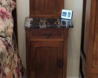 Victorian Oak Marble Top Nightstands Set of 