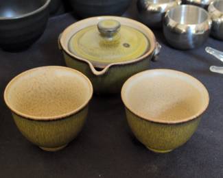 Japanese Ceramic Tea Set with Lidded Pot and Two Cups  Irabo Glaze
