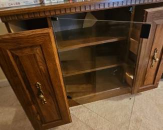 Vintage Oak Media Console or Storage Cabinet with Glass Doors second image