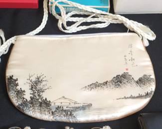 Vintage HandPainted Silk Asian Landscape Clutch Bag