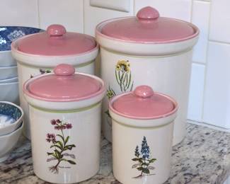 Vintage Botanical Ceramic Canister Set with Pink Lids