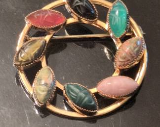 K Gold Filled Brooch with ScarabCarved Stones