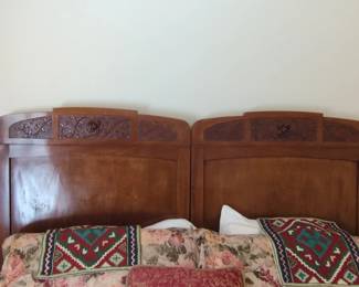Art Nouveau Carved Mahogany Twin Bed Headboards and Footboards third image