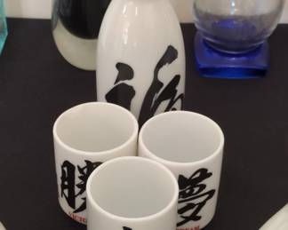 Japanese Sake Set with Kanji Characters Victory, Dream, Longevity