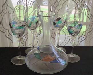 Milano Romania Mosaic Hand Blown Wine Glasses and Decanter Set