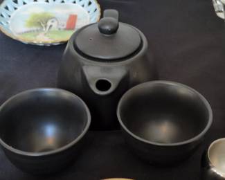 Black Ceramic Teapot with Two Cups