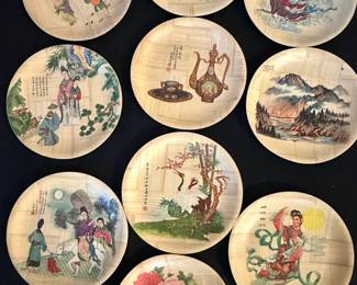 Set of Vintage HandPainted Bamboo Plates with Asian Motifs