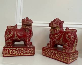 Pair of Red and Gold Resin Foo Dog Bookends