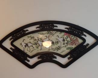Vintage Chinese Hand Embroidered Fan Shaped Silk Panel