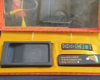 Vintage Chinese Calligraphy Set with Inkstone and Inksticks