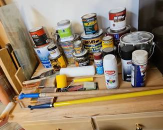 Assorted Paint Cans and Painting Supplies