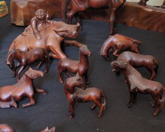 Vintage Chinese Carved Wooden Horse and Water Buffalo Figurines