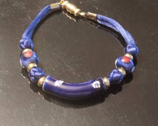 Blue Ceramic Bead Bracelet with Silk Cord