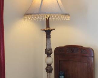 Ornate Table Lamp with Beaded Shade and Acanthus Leaf Motifs