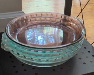 Vintage Arcoroc Turquoise Aqua Glass Round Serving Bowl with Handles