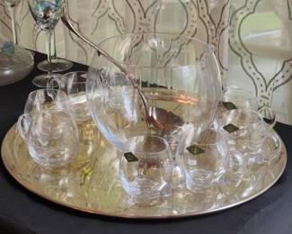Shannon Crystal Hand Crafted Crystal Punch Bowl Set with Ladle and Silver Plate Tray