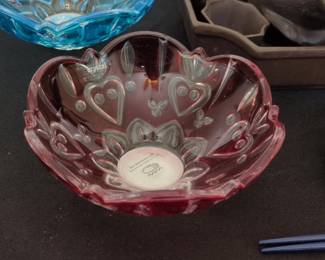 Studio Silversmiths Red Crystal Bowl with Heart and Floral Etching