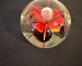 Glass Paperweight with Red Hibiscus Flower