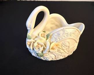 White Ceramic Swan Planter with Roses and Scrollwork