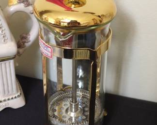 GoldPlated Glass French Press Coffee Maker with Red Tassel