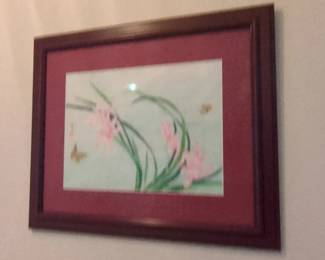 Framed Chinese Watercolor Painting of Orchids and Butterflies