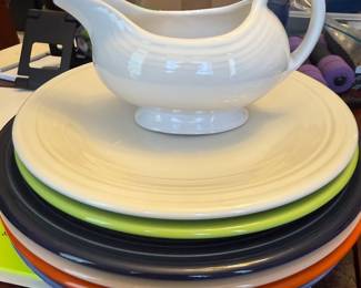 Fiestaware gravy boat and dinner plates