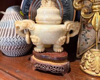 Chinese carved stone censer on wood pedestal