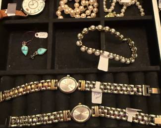 ladies watches, faux pearls, turquoise earrings