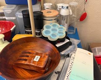 wood salad bowl and salad tongs