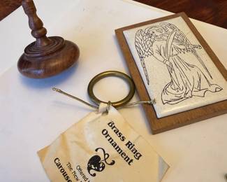 wood top, brass ring ornament