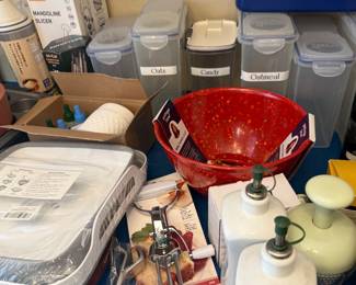 plastic storage containers, mixing bowls, utensils